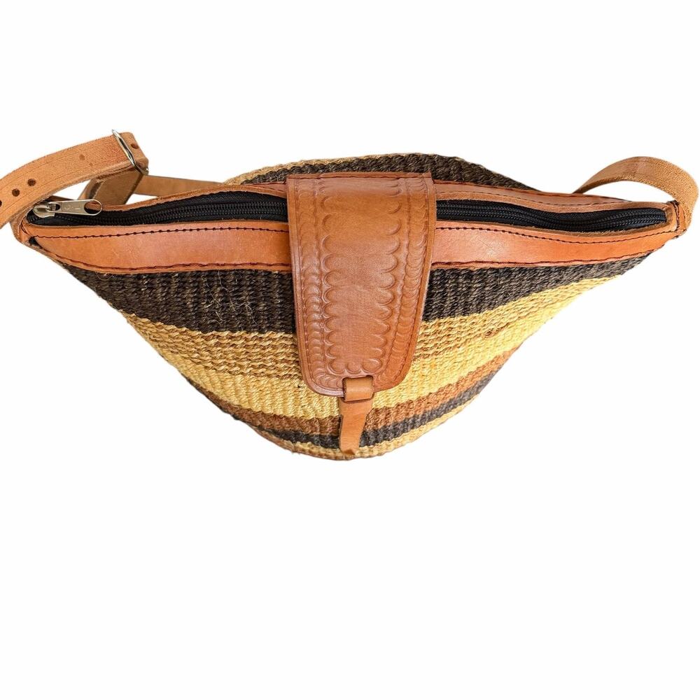 Straw Crossbody Bag Womens Medium Brown Striped Leather Trim Boho Beach - Picture 6 of 10